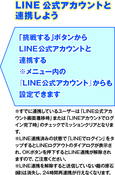 LINE公式アカウントと連携しよう 「挑戦する」ボタンからLINE公式アカウントと連携する※すでに連携しているユーザーは「LINE公式アカウント画面遷移時」または「LINEアカウントでログイン完了時」のチェックでミッションクリアとなります。※LINE連携済みの状態で「LINEでログイン」をタップするとLINEログアウトのダイアログが表示され、OKボタンを押下するとLINE連携が解除されますので、ご注意ください。※LINE連携を解除すると送信していない龍の原石(緑)は消失し、24時間再連携が行えなくなります。