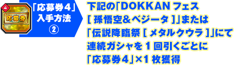 「応募券4」入手方法(2)下記の「DOKKANフェス[孫悟空＆ベジータ]」または「伝説降臨祭[メタルクウラ]」にて連続ガシャを1回引くごとに「応募券4」×1枚獲得